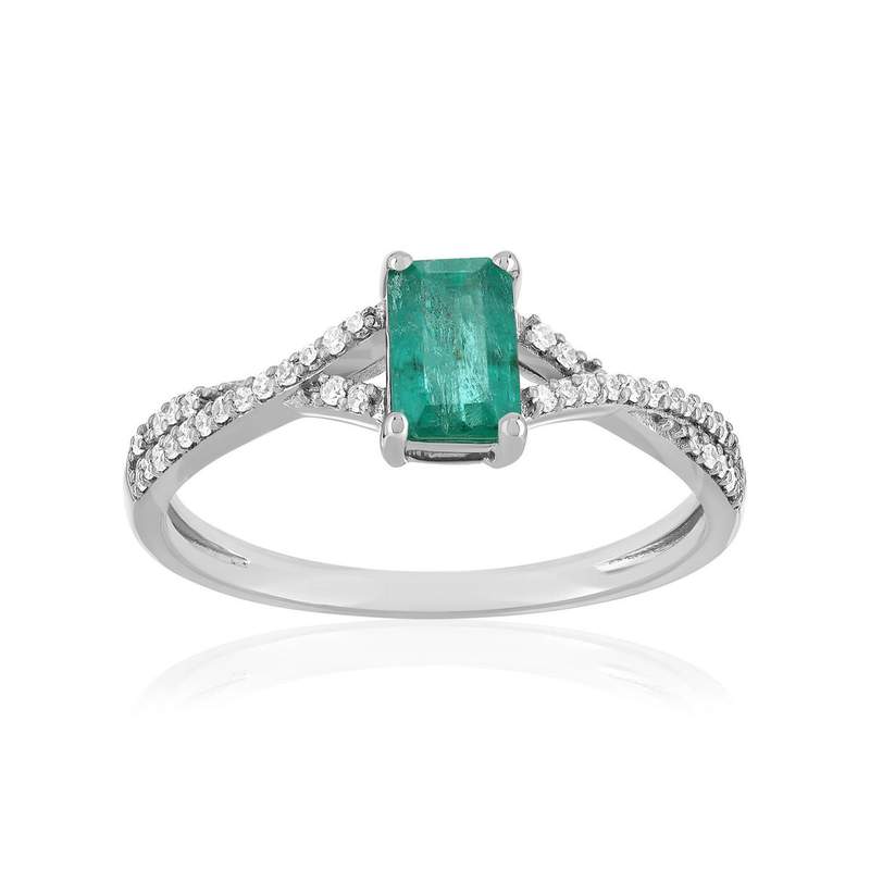 Bague or 750 blanc emeraude diamant - vue 1