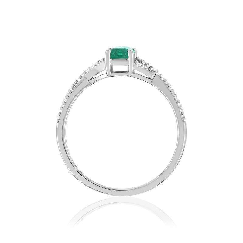 Bague or 750 blanc emeraude diamant - vue 2