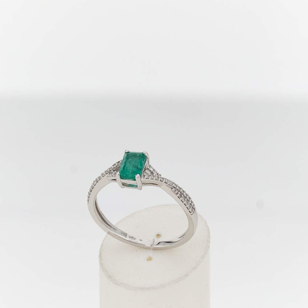 Bague or 750 blanc emeraude diamant - vue 2