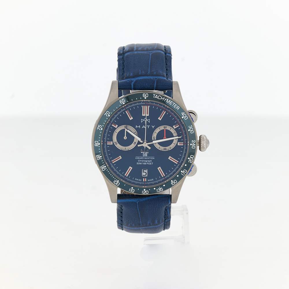 Montre MATY GM chronographe cadran bleu bracelet cuir bleu - vue 1