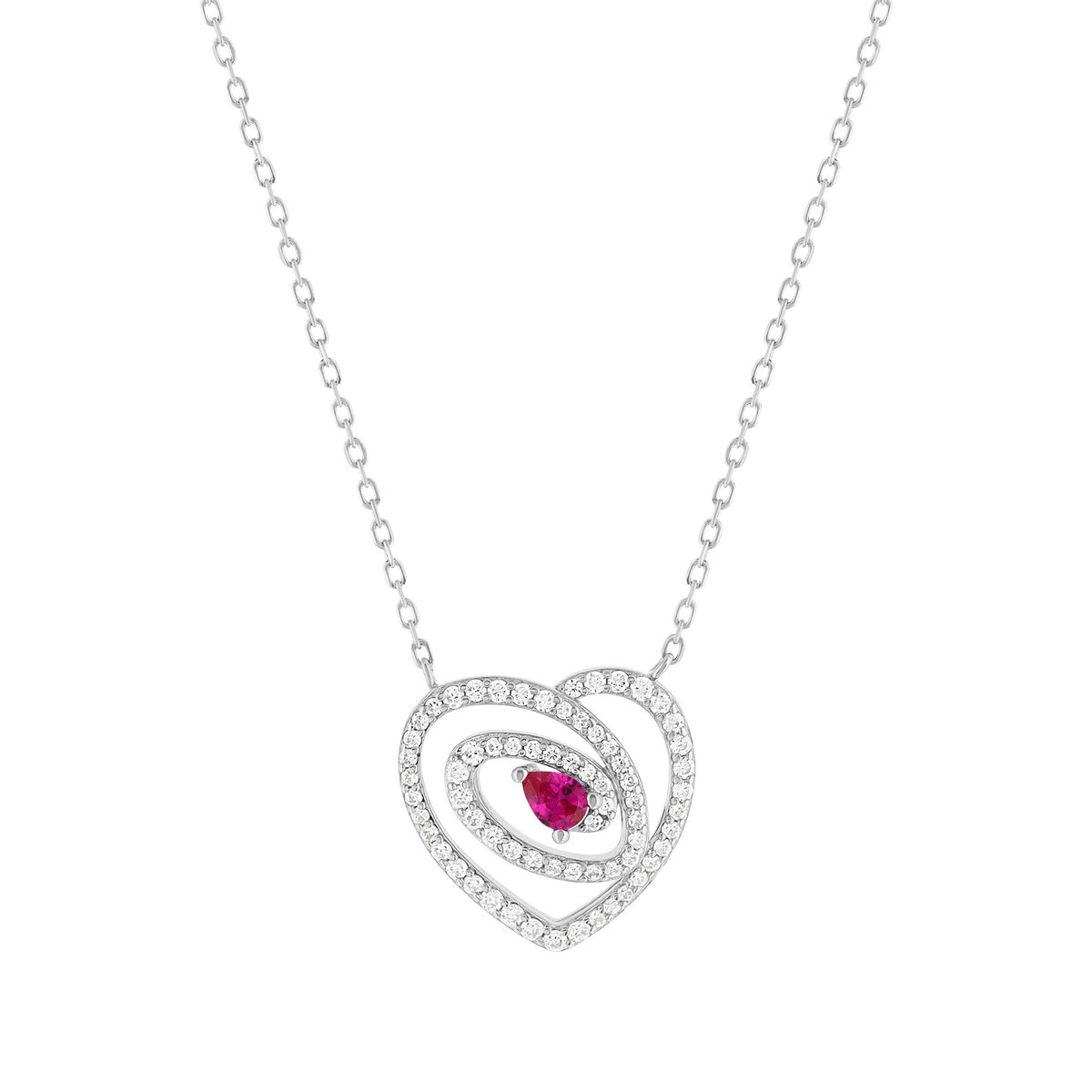 925 rhodium-plated silver necklace with synthetic ruby and zirconia stones, 45 cm
