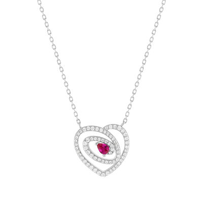 Collier coeur argent 925 rhodié rubis synthétique et zirconias 45cm