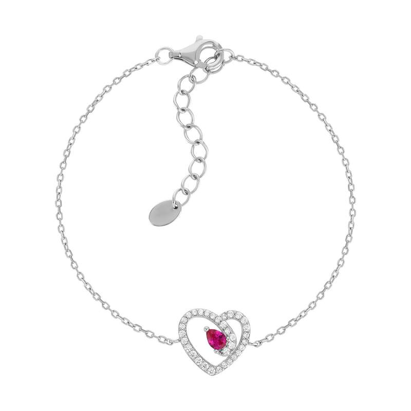 Bracelet coeur argent 925 rhodié rubis synthétique et zirconias - vue 1