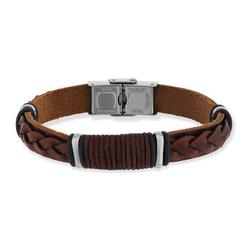 Bracelet acier et cuir marron 19cm