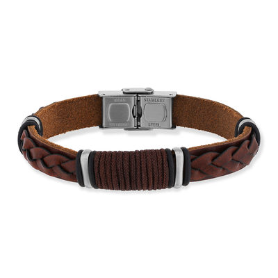 Bracelet acier et cuir marron 19cm - vue 1
