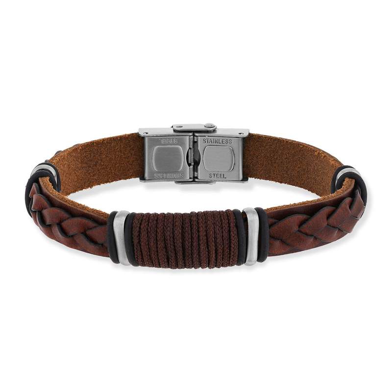 Bracelet acier et cuir marron 19cm - vue 1