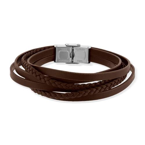 Bracelet acier cuir multi rangs marron 20,5 cm
