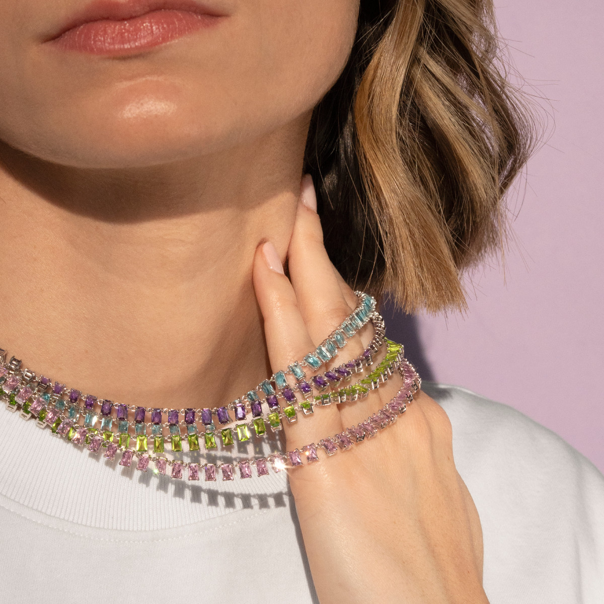 Collier argent 925 zirconias violets 43cm - vue porté 3