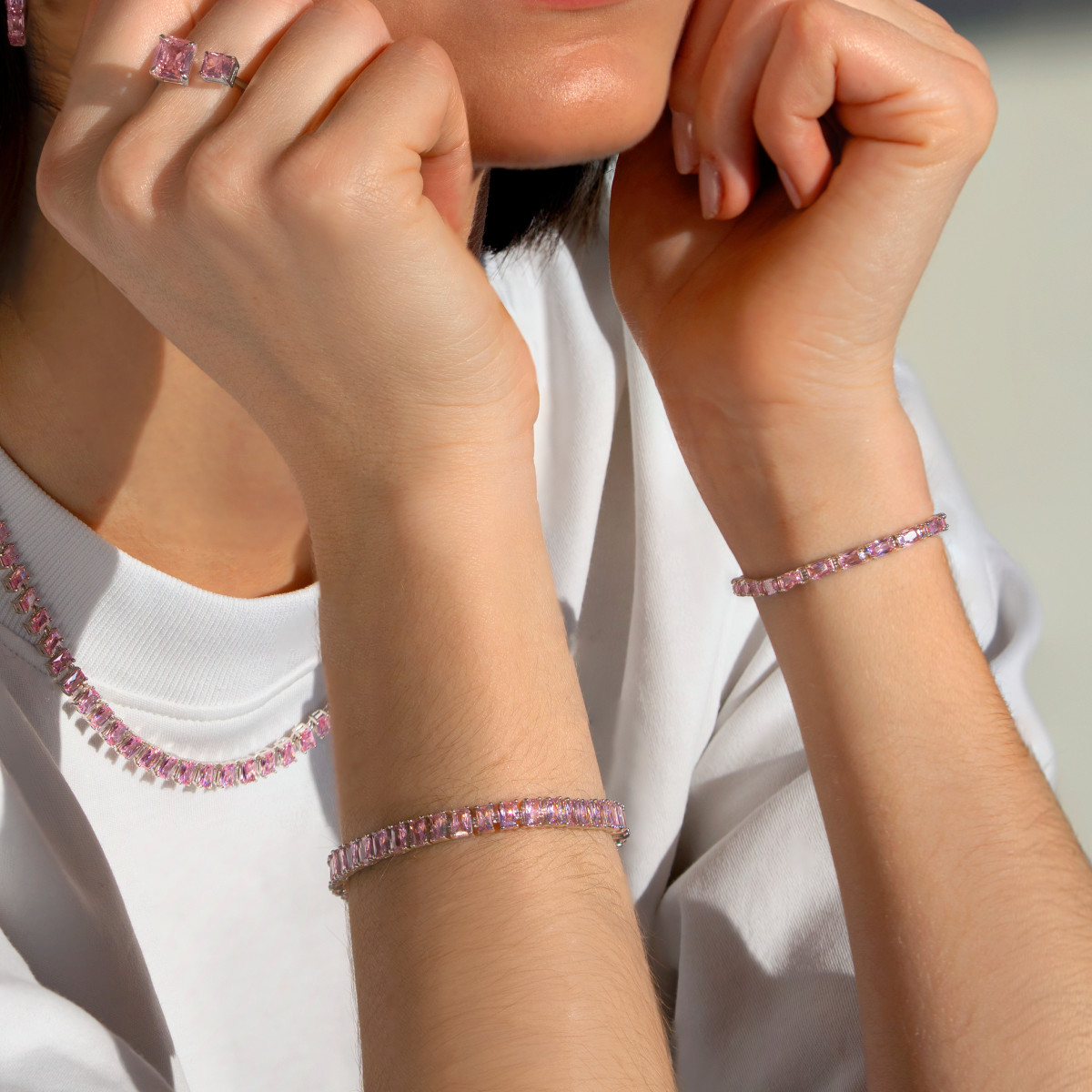 Bracelet argent 925 zirconias roses 18 cm - vue porté 1