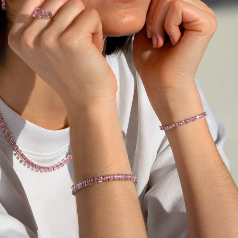Bracelet argent 925 zirconias roses 18 cm - vue porté 1