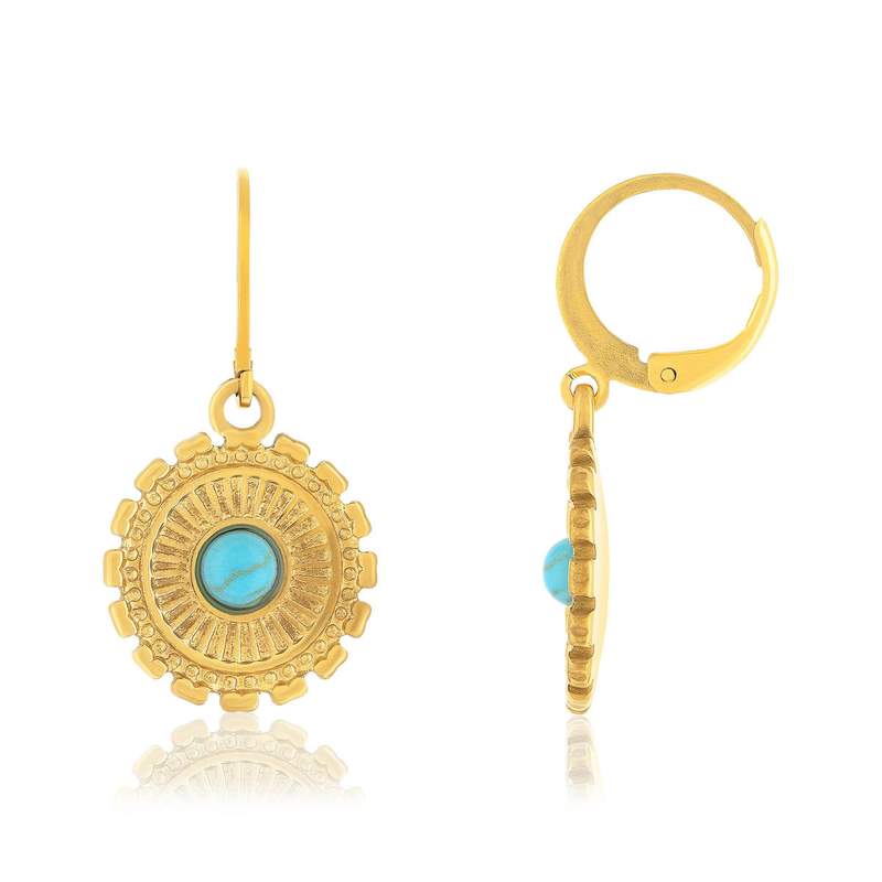 Boucles d'oreilles acier doré turquoises synthetiques - vue 1