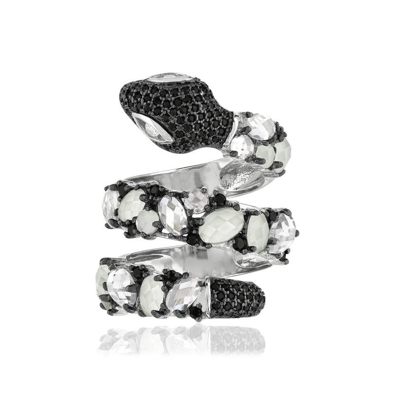 Bague argent 925 serpent pierres imitations et zirconias noirs et blancs - vue 3
