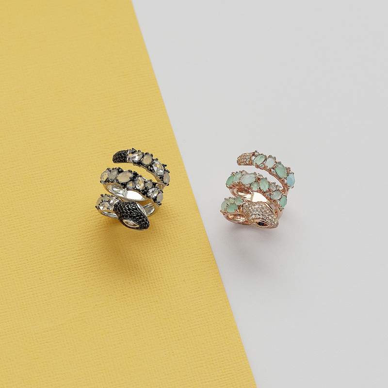 Bague argent 925 serpent pierres imitations et zirconias noirs et blancs - vue D3