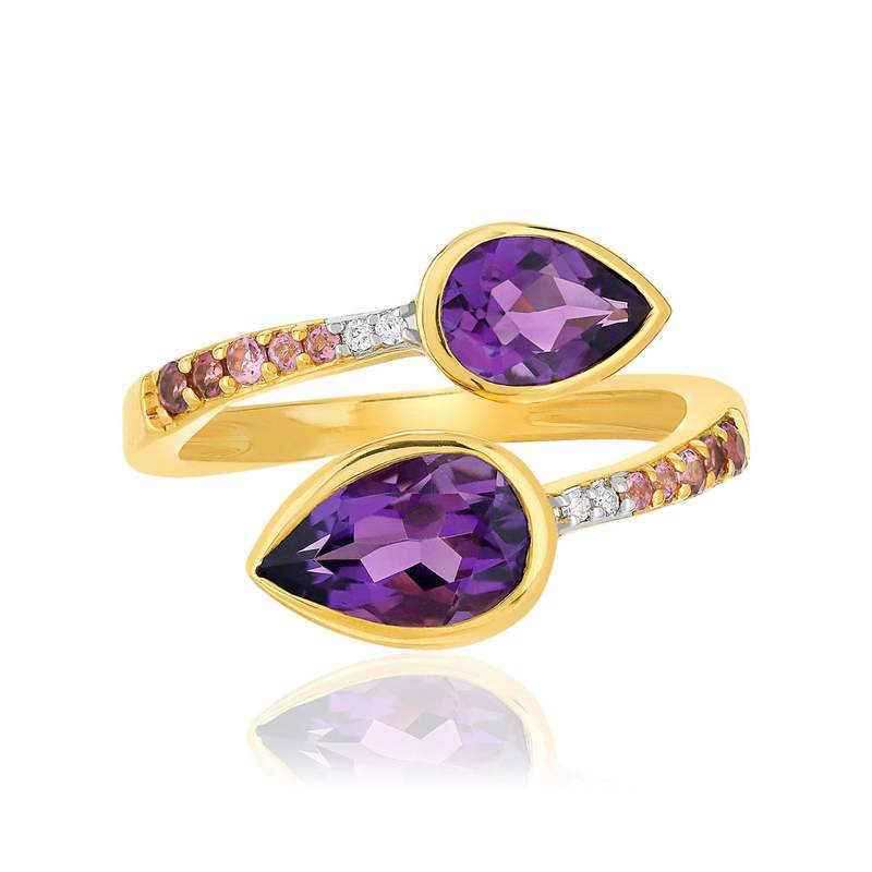 Bague or jaune 375 pierres fines diamants - vue 3