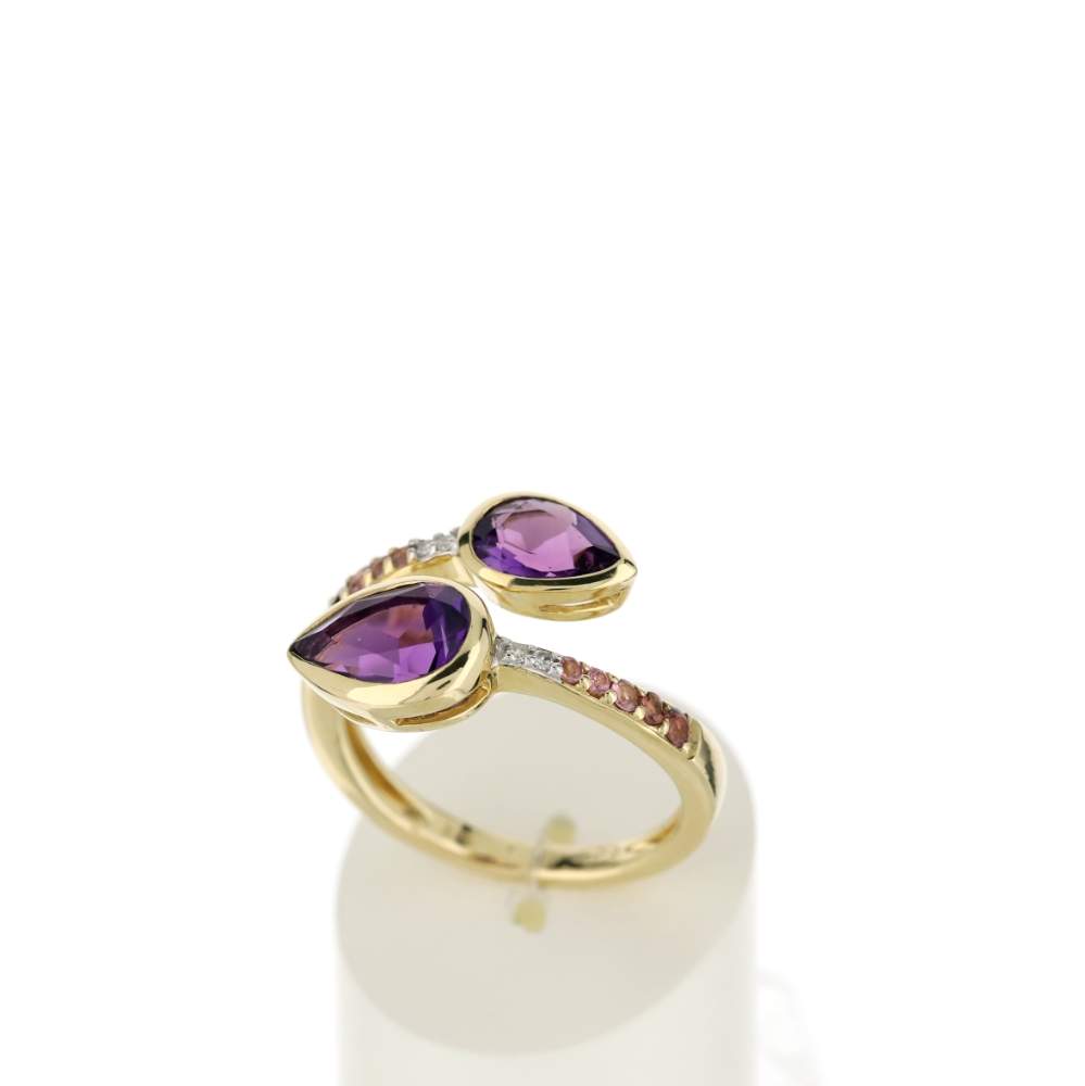 Bague or jaune 375 pierres fines diamants - vue 2