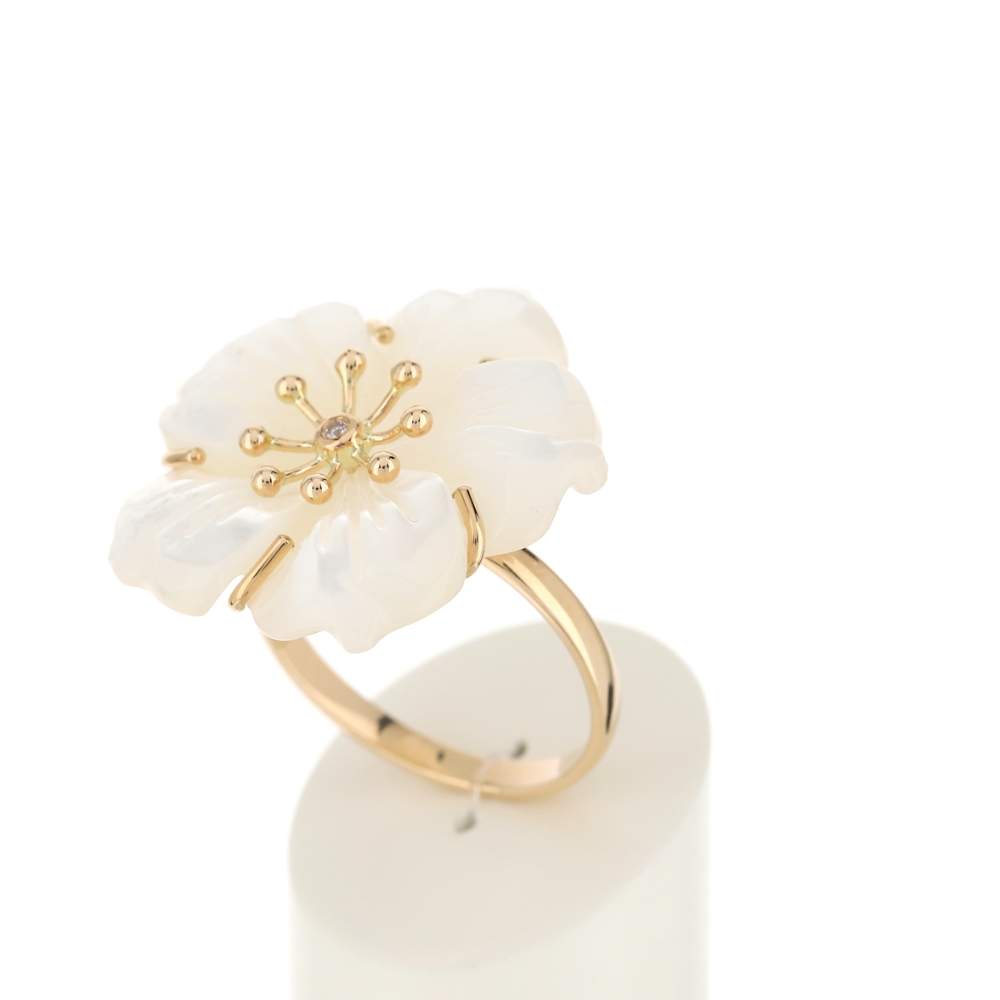 Bague or rose 375 fleur nacre et diamant - vue 3