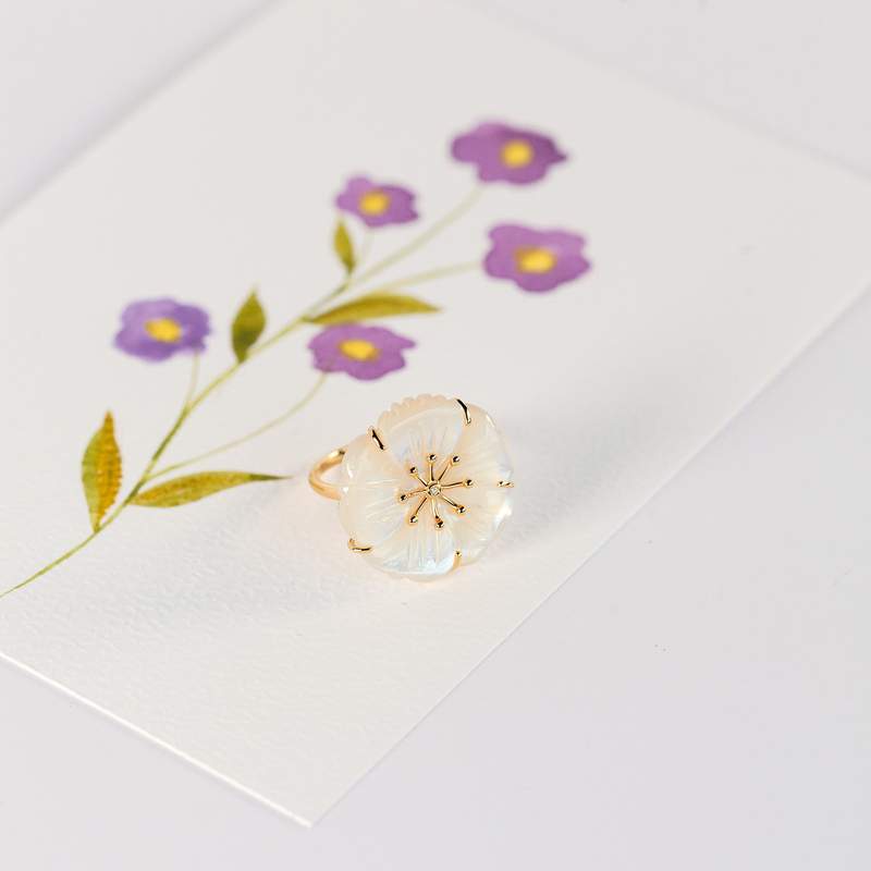 Bague or rose 375 fleur nacre et diamant - vue D3