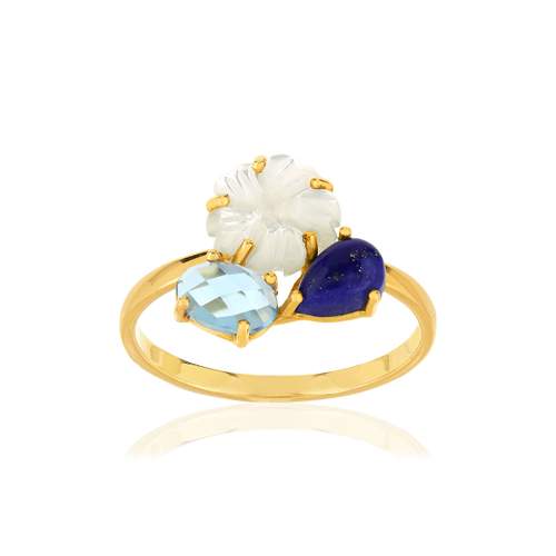 Bague or 375 jaune fleur nacre et pierres fines