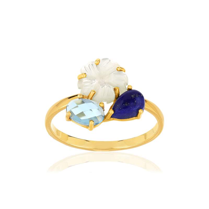 Bague or 375 jaune fleur nacre et pierres fines - vue 1