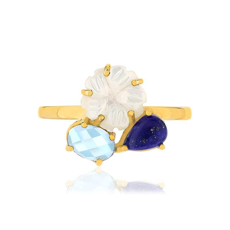 Bague or 375 jaune fleur nacre et pierres fines - vue 3