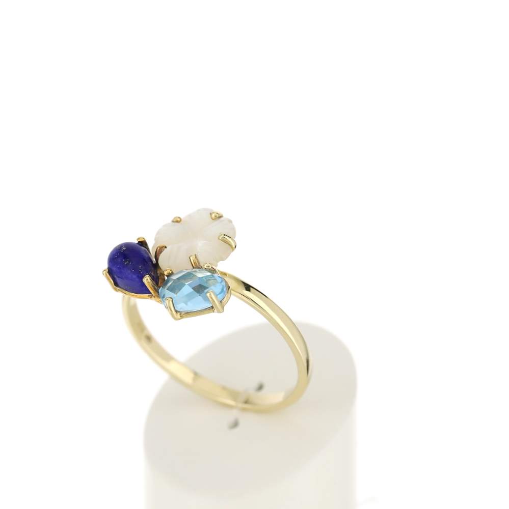 Bague or 375 jaune fleur nacre et pierres fines - vue 3