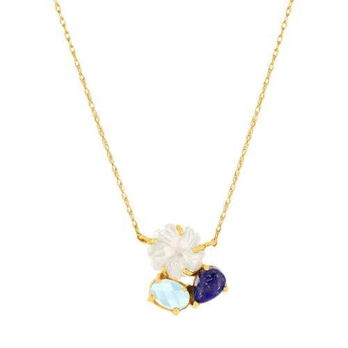 Yellow gold necklace 375 mother-of-pearl flower and gemstones 45 cm
