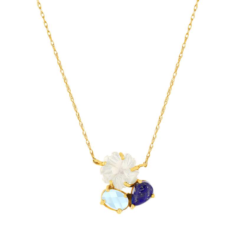 Collier or jaune 375 fleur nacre et pierres fines 45 cm - vue 1