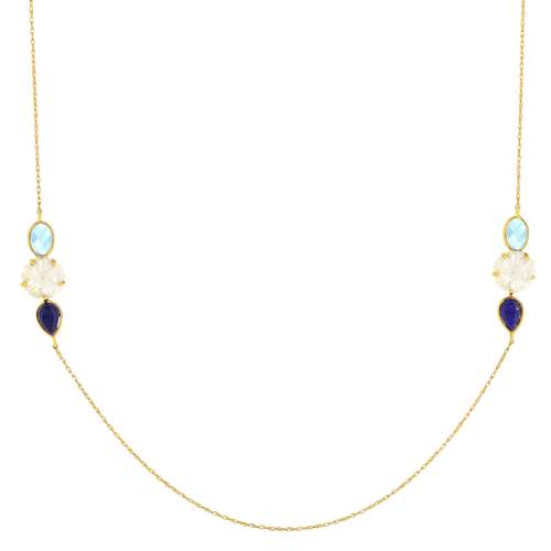 Yellow gold long necklace 375 mother-of-pearl flowers and gemstones 55 cm