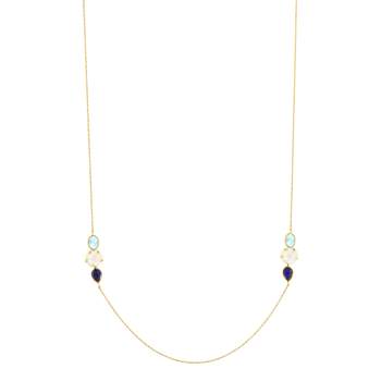 Yellow gold long necklace 375 mother-of-pearl flowers and gemstones 55 cm
