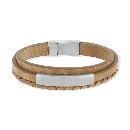 Meerrijige armband van leer en staal 21 cm
