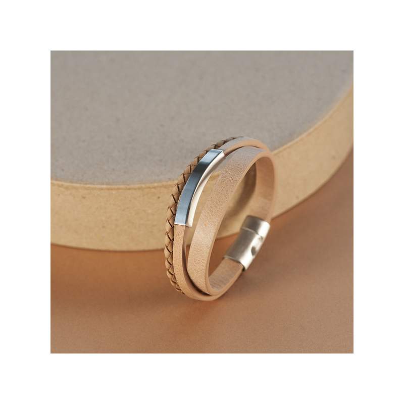 Bracelet cuir acier multirangs 21 cm - vue D4