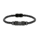 Bracelet cuir noir tressé et acier noir 21 cm - vue 1