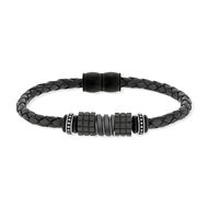 Bracelet cuir noir tressé et acier noir 21 cm