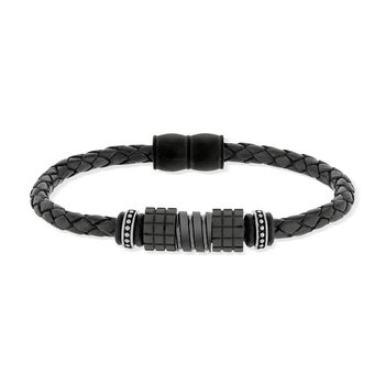 Bracelet cuir noir tressé et acier noir 21 cm