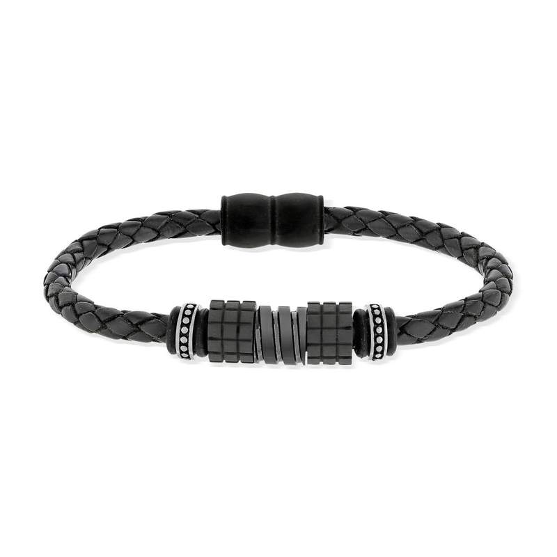 Bracelet cuir noir tressé et acier noir 21 cm - vue 1