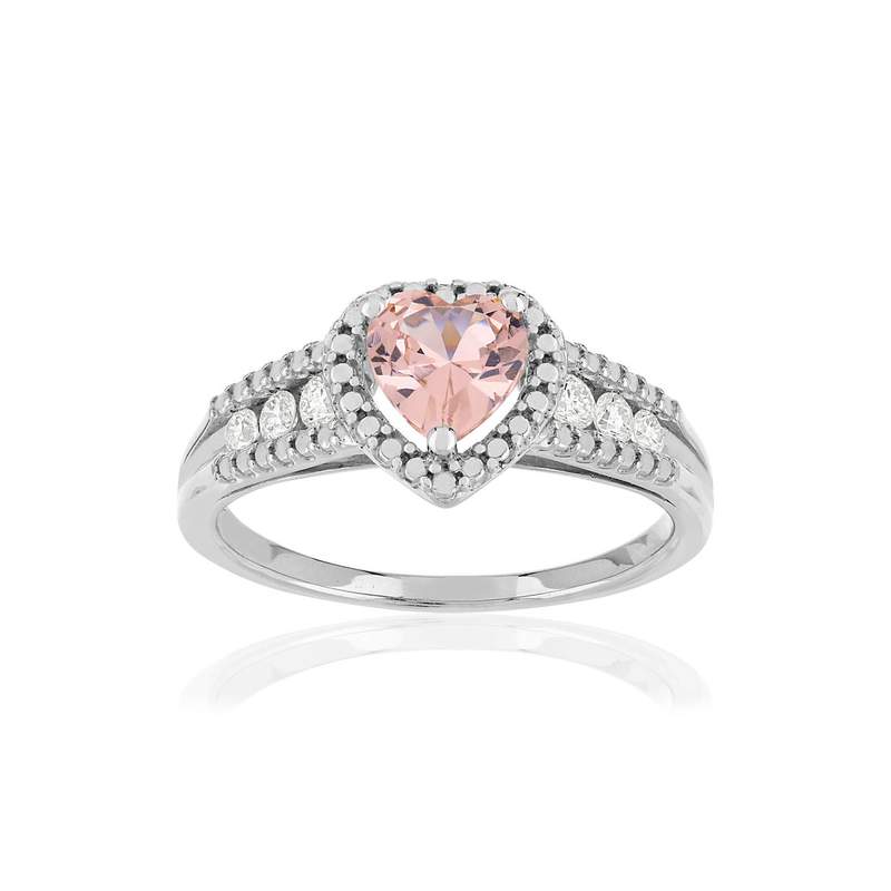 Bague argent 925 coeur morganite et diamants - vue 1