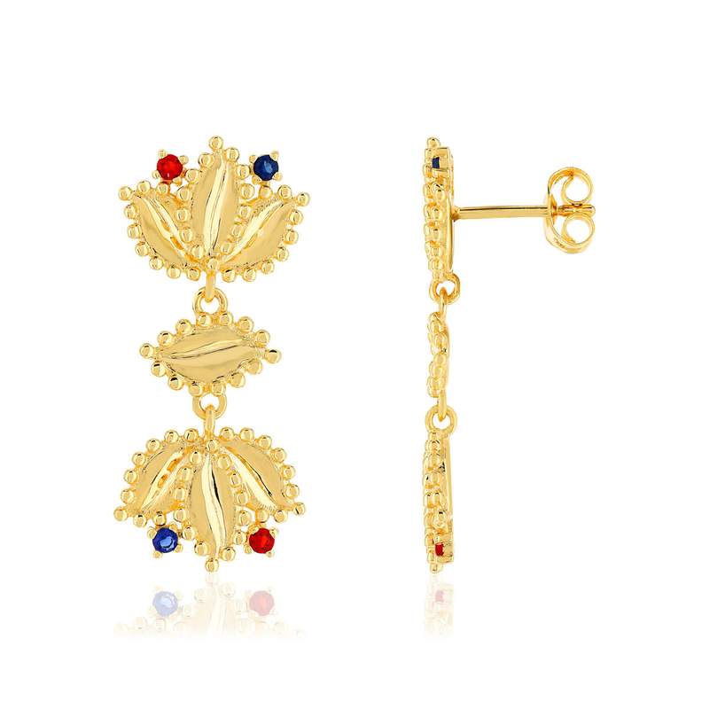 Boucles d'oreilles métal doré pendants feuilles zirconias tricolores - vue 1