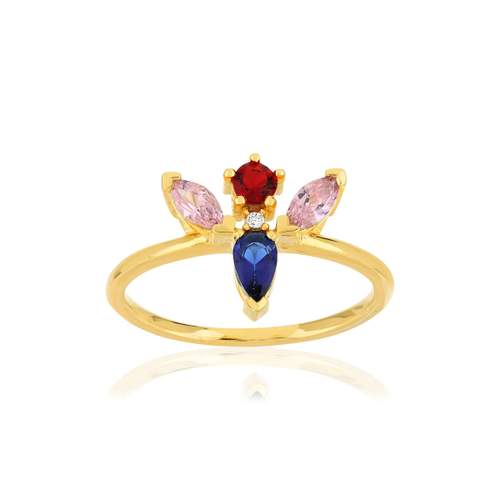 Bague plaqué or jaune pierres imitation et zirconias roses et blancs