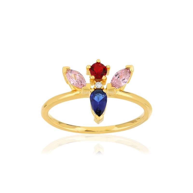 Bague plaqué or jaune pierres imitation et zirconias roses et blancs - vue 1
