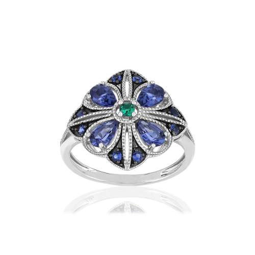 Bague argent 925 pierres imitation bleues et vert