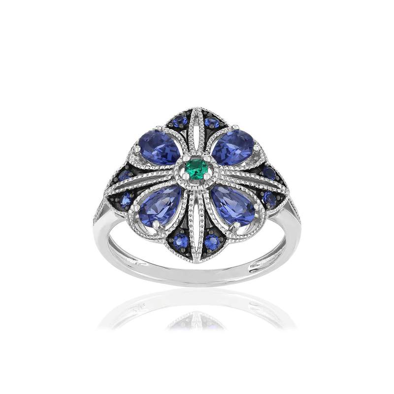 Bague argent 925 pierres imitation bleues et vert - vue 1