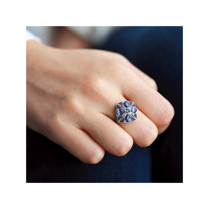 Bague argent 925 pierres imitation bleues et vert - vue porté 1