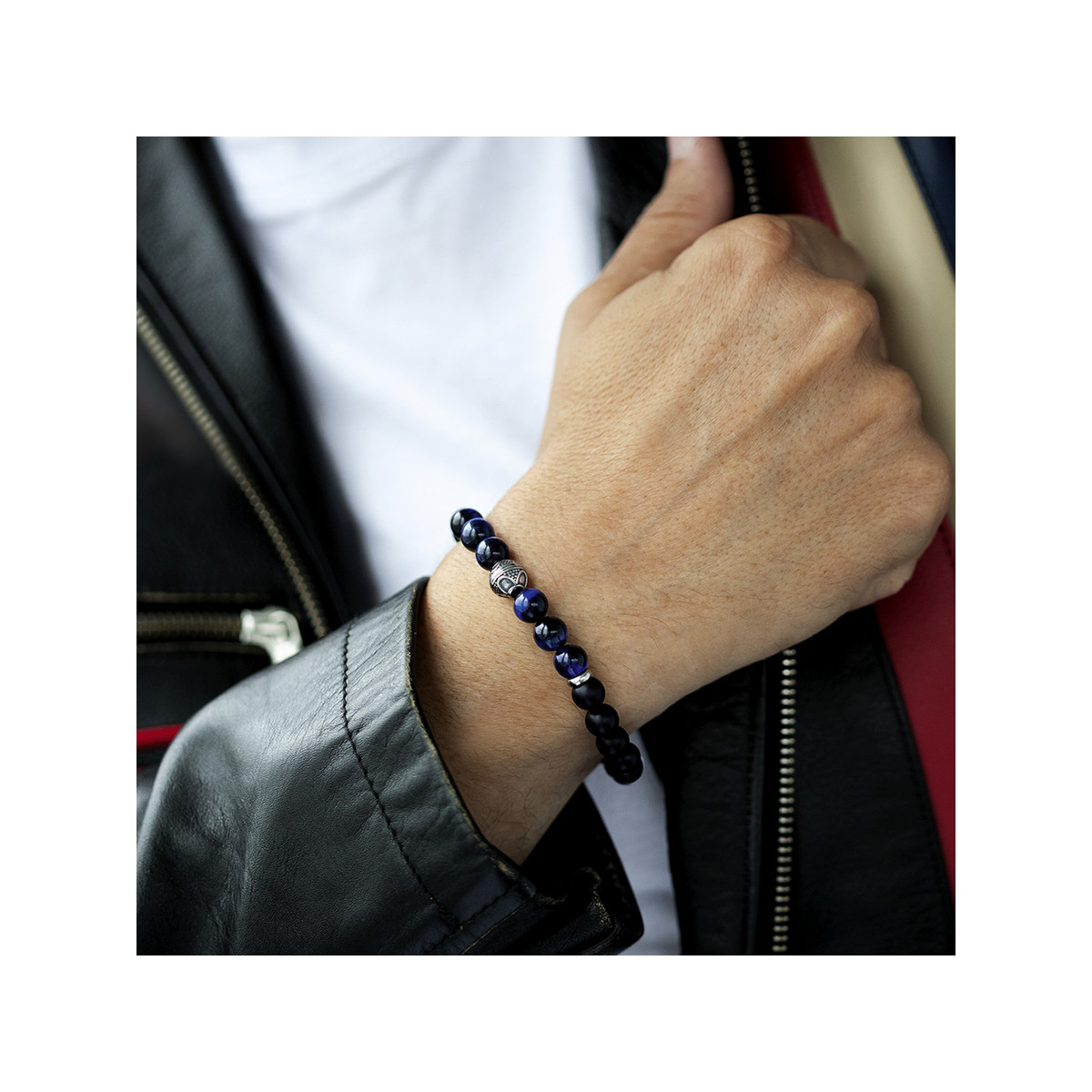Bracelet acier onyx bleus et noirs 18,5 cm - vue porté 1