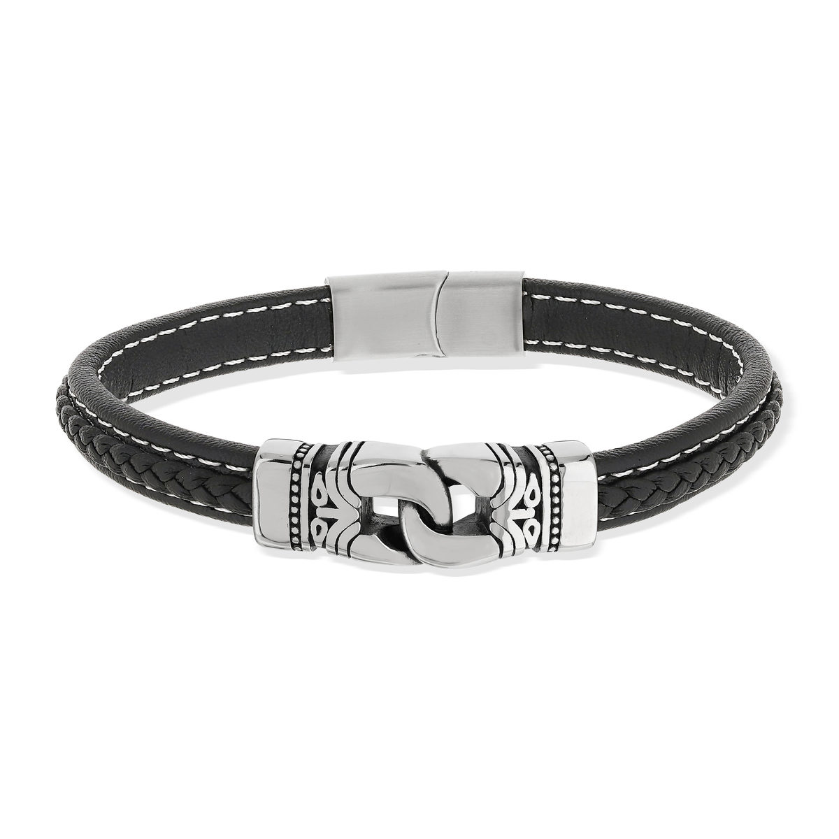 Bracelet matière synthétique noire acier 21 cm
