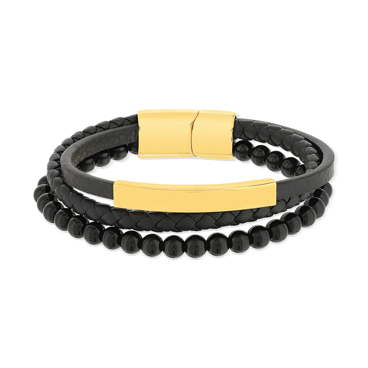 Meervoudige armband van zwart kunststof met gele staal 21 cm