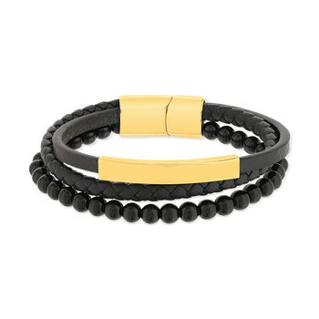 Bracelet multirang cuir noir acier couleur jaune 21 cm