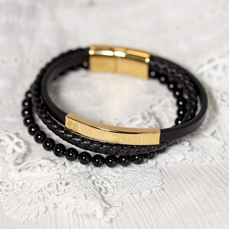 Bracelet multirang matière synthétique noire acier couleur jaune 21 cm - vue D1