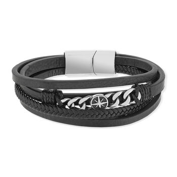 Bracelet multirang cuir noir acier 21,5 cm