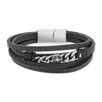 Bracelet multirang matière synthétique noire acier 21,5 cm