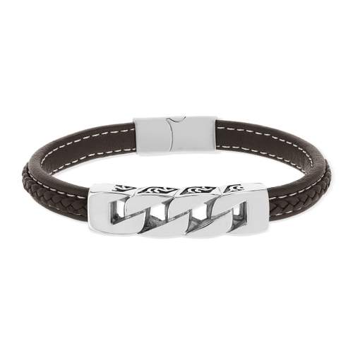 Bracelet cuir brun acier 21,5 cm